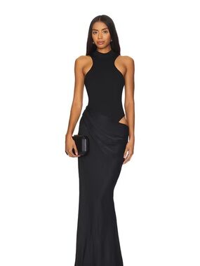 Sleek Black Halter Maxi Dress with Side Cutout